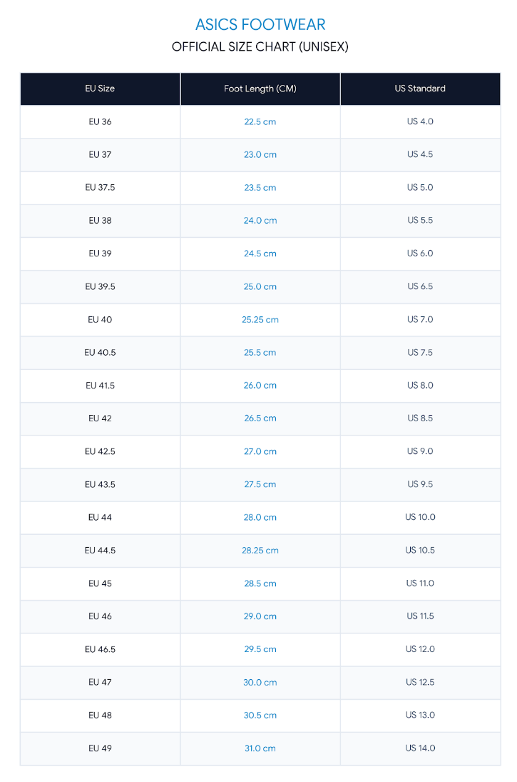 Asics Size Chart Official